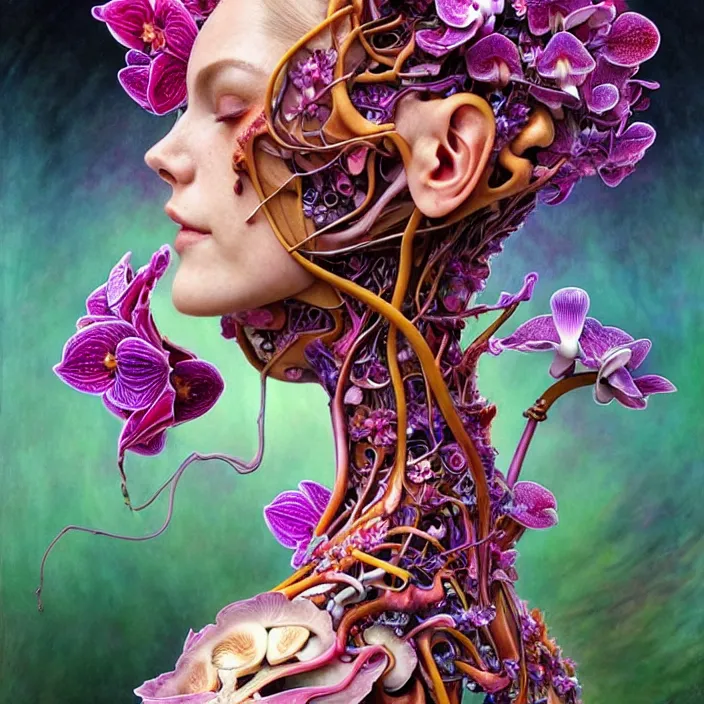 Image similar to extremely psychedelic organic cyborg made of orchid and cherry blossom tree and mushroom, diffuse lighting, fantasy, intricate, elegant, highly detailed, lifelike, photorealistic, digital painting, artstation, illustration, concept art, smooth, sharp focus, art by John Collier and Albert Aublet and Krenz Cushart and Artem Demura and Alphonse Mucha