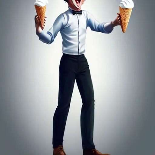 Prompt: full body anthropomorphic ice cream man cone resembling rob lowe!, fantasy, sci - fi, by charlie bowater, artgerm, ilya kuvshinov, krenz cushart, ruan jia, realism, ultra detailed, 8 k resolution