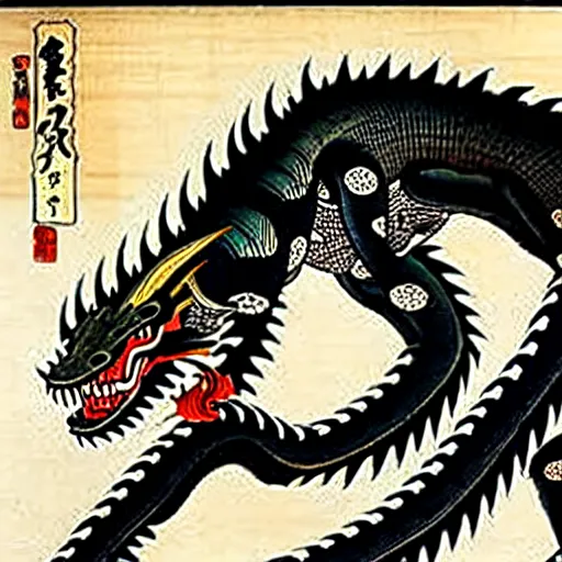 Prompt: biomechanical ukiyo - e woodblock of black dragon by utagawa kuniyoshi, very detailed, hyperrealistic