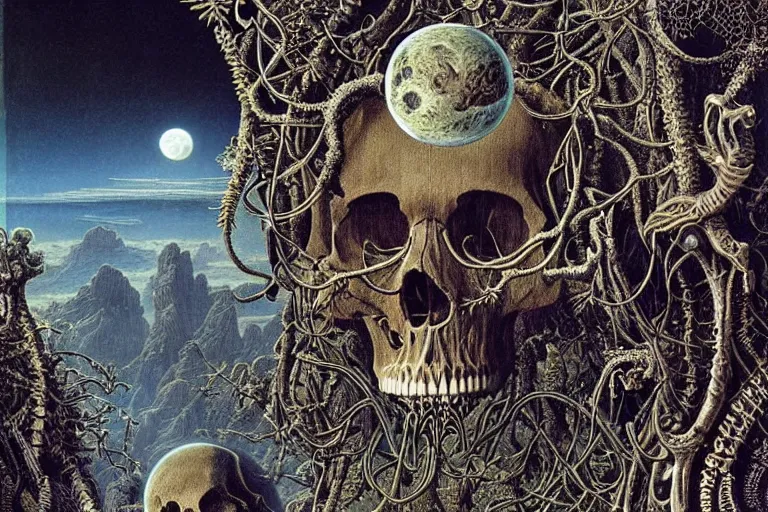 Prompt: a surreal and awe - inspiring science fiction landscape, full moon like skull, intricate, elegant, highly detailed matte painting by ernst haeckel and mark brooks