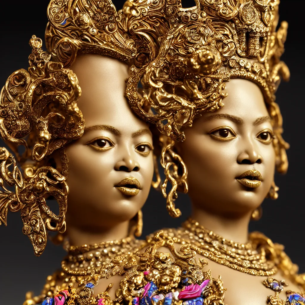 Prompt: a closeup photo - real delicate ceramic porcelain sculpture of an ornate detailed beyonce in front of a intricate background by davinci, micro detail, backlit lighting, subsurface scattering, translucent, thin porcelain, octane renderer, colorful, physically based rendering, trending on cgsociety