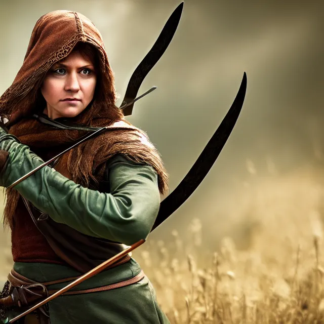 Image similar to female robin hood warrior, highly detailed, 8 k, hdr, smooth, sharp focus, high resolution, award - winning photo