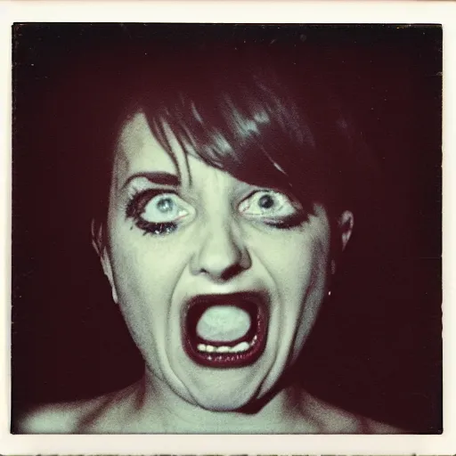 Prompt: eyes peering from inside mouth. portrait of a screaming women. hq photo, surreal, harsh lighting. polaroid type 6 0 0. fear. unnerving. menacing. supernatural