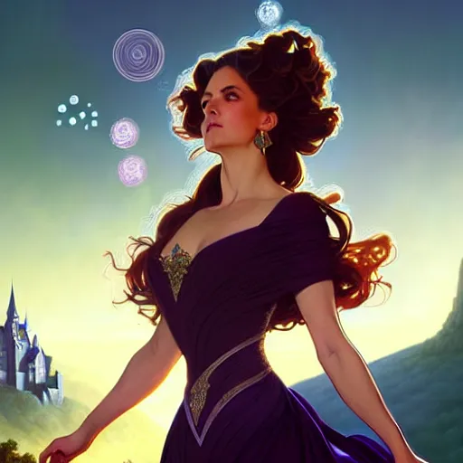 Prompt: a portrait of a fantasy female magician surrounded by magical particles stands on a hill. in the background on another hill stands a castle with mountains in the background, filled with magic, highly detailed, digital painting, artstation, smooth, sharp focus, illustration, art by artgerm and greg rutkowski and alphonse mucha