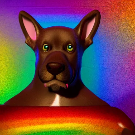 Prompt: rainbow puppy, realistic artstyle, wide shot, dramatic lighting, octane render, hyperrealistic, high quality, highly detailed, HD, beautiful, cinematic, 8k, unreal engine, facial accuracy, symmetrical