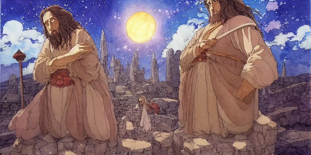 Image similar to a hyperrealist studio ghibli watercolor fantasy concept art of a giant long haired medieval monk with his heads down in lotus position in stonehenge with a starry sky in the background. a giant rocket ship from independence day ( 1 9 9 6 ) is floating in the air. by rebecca guay, michael kaluta, charles vess