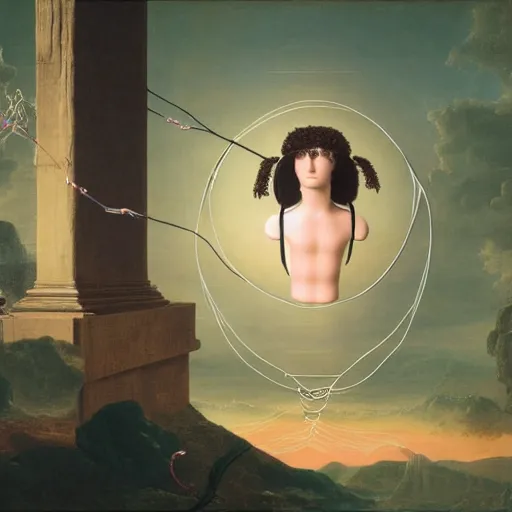 Image similar to David Friedrich, award winning masterpiece with incredible details, a surreal vaporwave vaporwave vaporwave vaporwave vaporwave painting by Thomas Cole of an old pink mannequin head wearing VR goggles with cables and wires coming out of it's neck, highly detailed