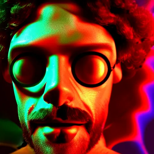 Image similar to terence McKenna posing seductively with psychedelic mushrooms, psychedelic, fractal, cinematic lighting, dramatic, octane render, full body, trending on artstation, perfect facial symmetry, bokeh, 8k, intricate, hyper detailed