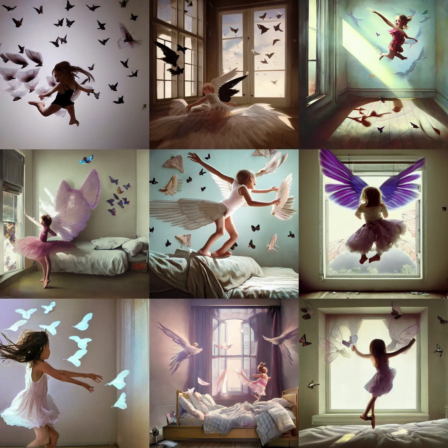 Prompt: winged little girl dancing over her bed, big window, doves and butterflies, music, magical, posters on the wall, girl's room, high detail, jeremy geddes natural volumetric light