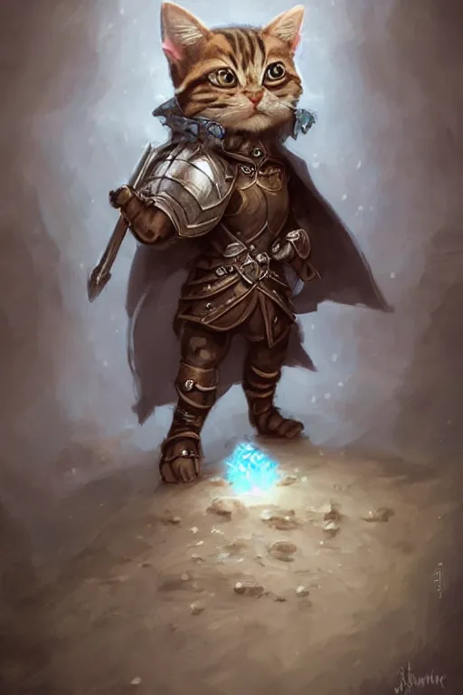 Image similar to cute little anthropomorphic cat knight wearing a cape and a crown, tiny, small, miniature cat , baby animal, short, pale blue armor, cute and adorable, pretty, beautiful, DnD character art portrait, matte fantasy painting, DeviantArt Artstation, by Jason Felix by Steve Argyle by Tyler Jacobson by Peter Mohrbacher, cinematic lighting