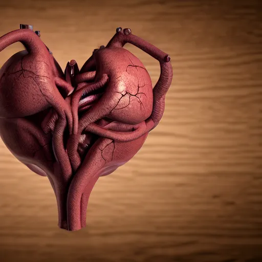 Image similar to lovecraftian anatomical heart lying on a wooden desk, closeup, detailed, realistic, cinematic lighting, unreal engine, cgsociety, detailed