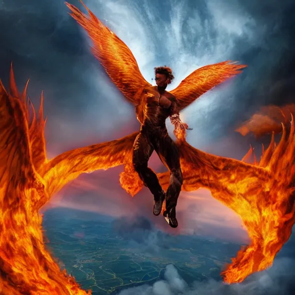 Image similar to cinematic full body shot of a beautiful stunning male angel flying over hell, that's a beautiful stunning male angel, hell is on fire with lava everywhere, elegant pose, flying, detailed arms, streamlined white armor, two arms, two legs, detailed fanart, macro art, realistic digital art, DeviantArt, artstation, 3D realistic, 8k HD, octane render