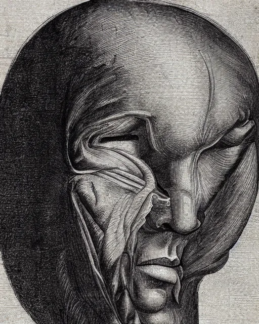 Image similar to head with two faces creature, drawn by da vinci