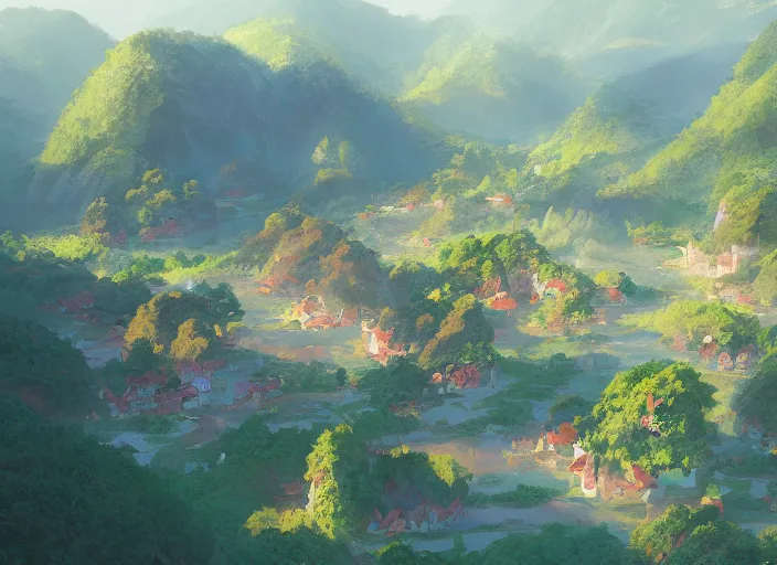 Image similar to concept art painting of a distant small woodland village by a river in a mountain valley seen from above, early morning, european japanese buildings, cel shaded, realistic, by makoto shinkai and moebius and anton fadeev and greg rutkowski and james gurney