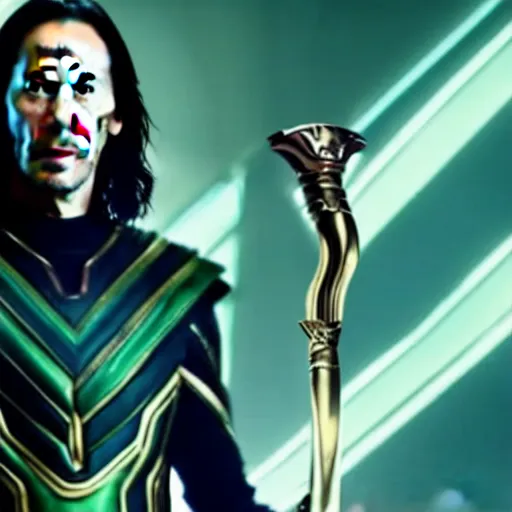 Prompt: film still of Keanu Reeves as Loki holding scepter in Avengers Endgame