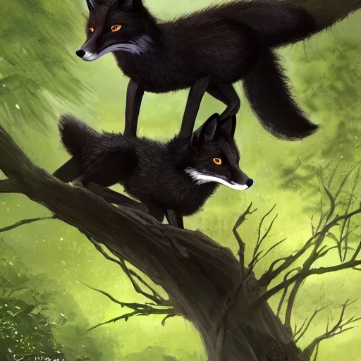 Prompt: three black foxes sitting on a high branch in a dense green forest, night time, pitch black sky, stars, fantasy art extreme low angle shot, detailed illustration, hd, overdetailed art, by greg rutkowski, trending on ArtStation, concept art, cgsociety, octane render, trending on artstation, artstationHD, artstationHQ, unreal engine, 8k