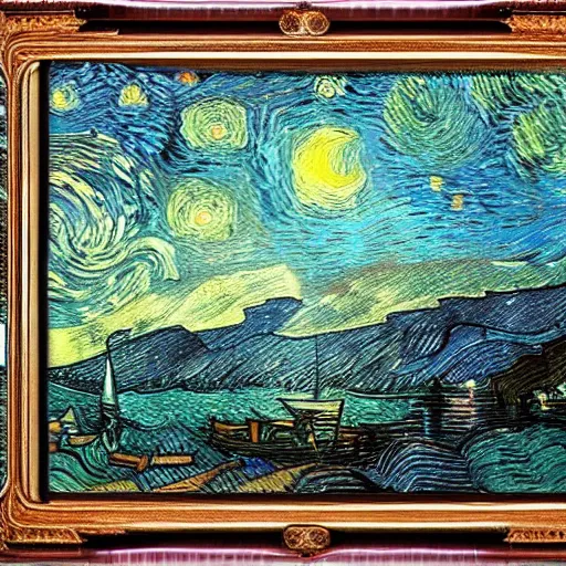 Image similar to Victorian woman singing quietly by a sacred lake at night, bright fire flies, big moon, stars, painted by Vincent van Gogh, Jacques-Louis David detailed