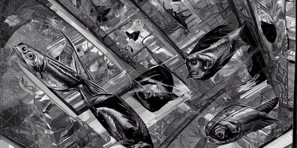 Prompt: retro future, slightly scary escher like projections of fish with human hands for fins