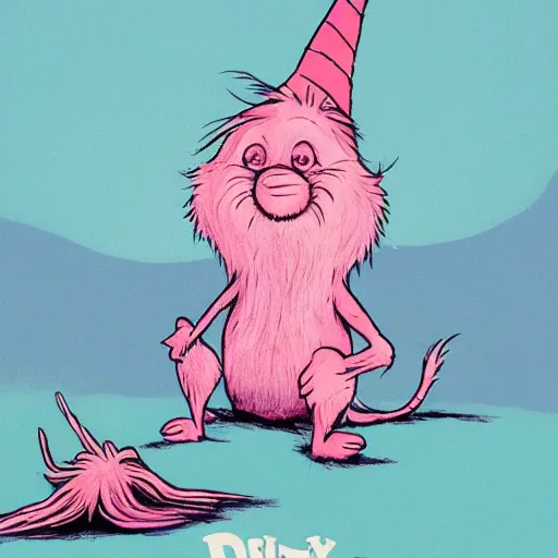 Prompt: dr. seuss sad lonely creature | cute but sad | pink and fluffy character | pity | midnight paintings | intricate detail | bold colors | illustration | lonely barren dreary island | detailed environment