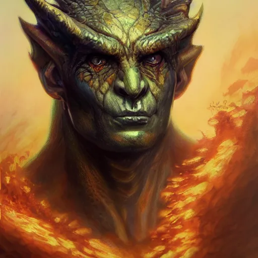 Image similar to oil painting of dragon, dnd character, fantasy, realistic textured skin, portrait, glowing eyes, sharp focus, artgem, boris valejo, frank frazetta, heavy metal style, trending on artstation, digital painting, julie bell, beautiful, very detailed,