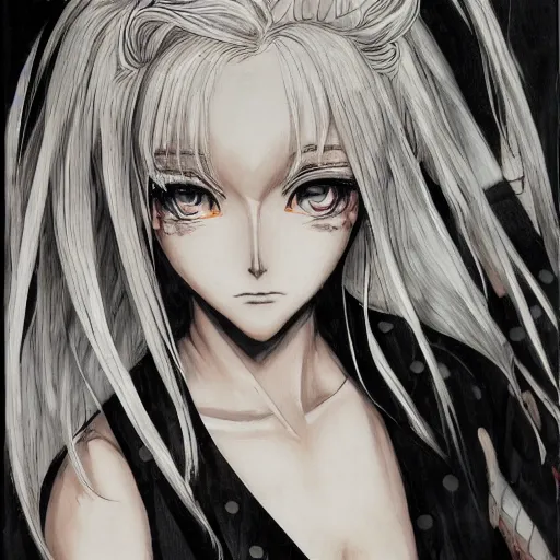 Prompt: Highly detailed Renaissance oil portrait in three quarter angle of an anime girl with white hair and black eyes wearing office suit in the style of Yoshitaka Amano drawn with expressive brush strokes, abstract floral black and white background, film grain effect