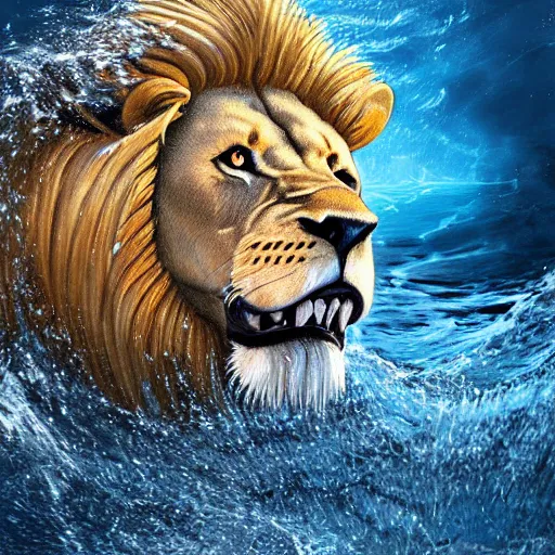 Image similar to a male lion's face breaching through a wall of water, headshot, water sprites, splashing, deep blue ocean, highly detailed, realistic digital art, trending on artstation