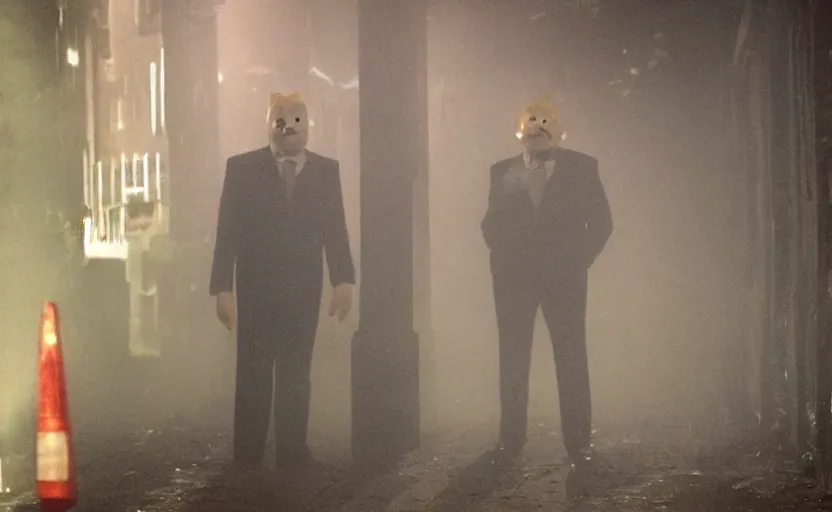 Image similar to mr blobby and noel edmonds waiting for you in a dark alleyway at night, creepy, foggy, silent hill