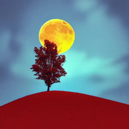 Image similar to Rolling hills at night, blood red moon, solitary tree, photorealistic