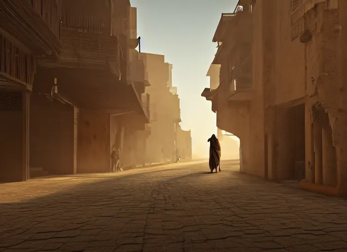 Image similar to old jeddah city alley, roshan, old shops, horse, magical glowing sand gateway to another dimension, several robots and a man wearing a white robe standing watching over, dramatic lighting, dawn, by caspar david friedrich, unreal engine 5