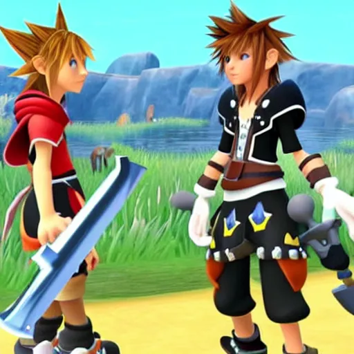 Image similar to A leaked image of a Warrior cats world in Kingdom Hearts 4, Kingdom hearts worlds, Sora donald and Goofy exploring the world of Warrior cats, action rpg Video game, Sora wielding a keyblade, Sora as a cat, cartoony shaders, rtx on, Erin hunter, Warrior cats book series