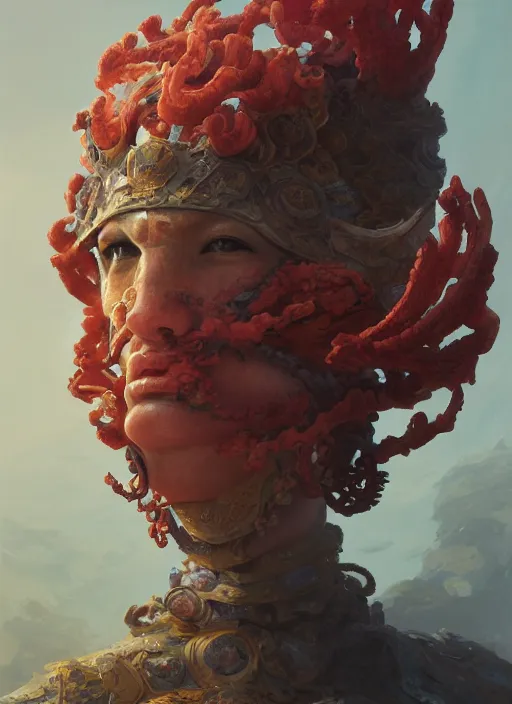 Prompt: Helmet of a forgotten Deity, corals, ribbons made of seaweed, extremly detailed digital painting, in the style of Fenghua Zhong and Ruan Jia and jeremy lipking and Peter Mohrbacher, mystical colors, rim light, beautiful lighting, 8k, stunning scene, raytracing, octane, trending on artstation