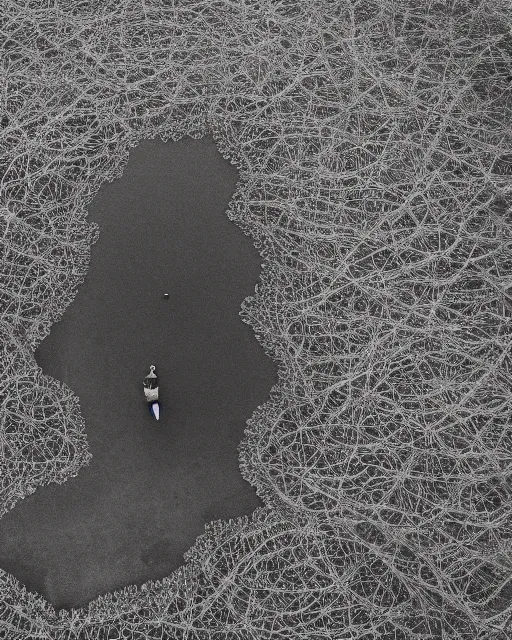 Image similar to a woman standing at the shore, made of intricate decorative lace leaf skeleton, shot from a drone, in the style of the dutch masters and gregory crewdson, dark and moody