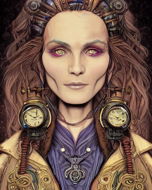 Image similar to a detailed portrait illustration of a steampunk wizard. beautiful female face. art nouveau, pop art, comic book style. influenced by neil gaiman, h. p. lovecraft, dan mumford, brian froud, vadim voitekhovitch, killian eng, ross tran.