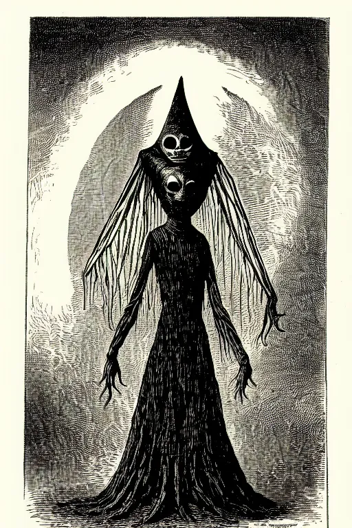 Image similar to the flatwoods monster, as a demon from the dictionarre infernal, pen - and - ink illustration, etching by louis le breton, 1 8 6 9, 1 2 0 0 dpi scan, ultrasharp detail, hq scan, intricate details, stylized border