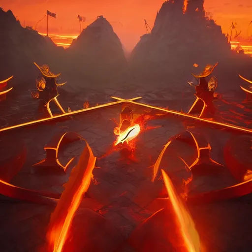 Image similar to full shot of a symmetrical game - icon of giant medieval swords crossed, red powerful fantasy epic legends, game icon stylized, digital illustration radiating, a glowing aura, global illumination, ray tracing, 8 k high definition, intricate details, octane render, unreal engine, trending on arstation