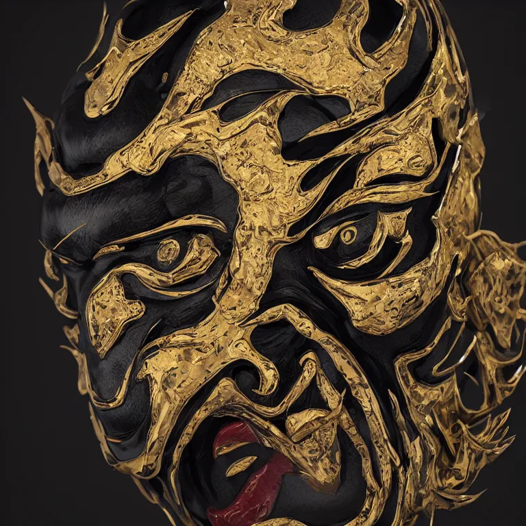 Prompt: a black hannya (般若) mask, kintsugi, symmetrical, ornate, details, smooth, sharp focus, illustration, realistic, cinematic, artstation, award winning, rgb , unreal engine, octane render, cinematic light, macro, depth of field, blur, red light and clouds from the back, 8K,