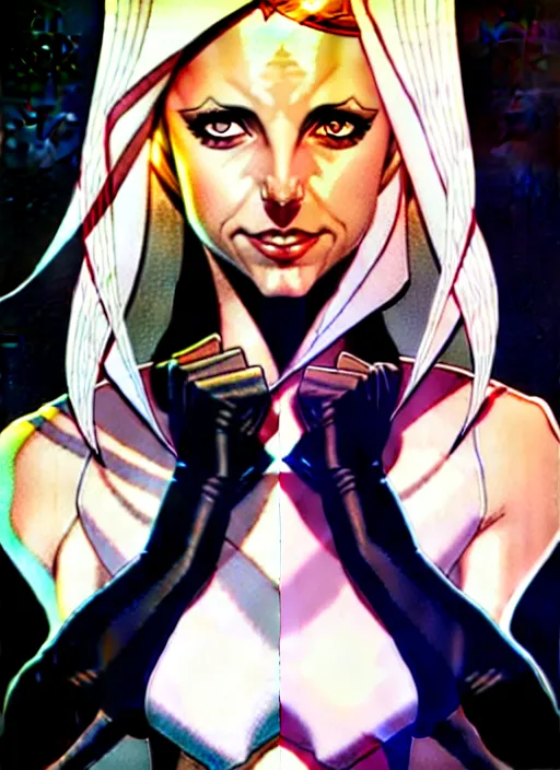 Prompt: artgerm, joshua middleton comic cover art, pretty sarah michelle gellar superhero, very pale white skin, asymmetrical black spot covering left eye only, no spot right eye white around right eye