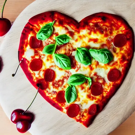 Image similar to heart shaped magerhita pizza with alot of cheese, 4 - 5 cherry tomata served on a wooden plate