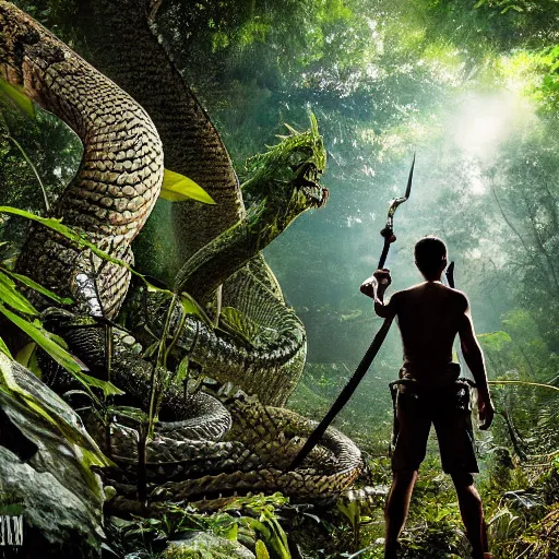 Prompt: a small and frail adventurer armed with a sword, in front of a colossal snake monster, frightening and staring, immersed in thick and dense jungle with dim light filtering through the foliage, by mattias bergstrom, 8 k, extreme details, masterpiece, dramatic perspective, low - angle, sigma 2 4 mm f / 8