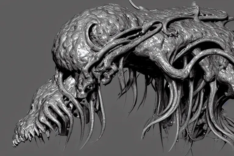 Image similar to a squid monster eating a person, john carpenter, eighties practical horror special effects, cosmic horror, protruding bones, trending on zbrush central, neoplasticism, lovecraftian, zbrush, biomorphic, nightcafe