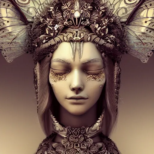 Prompt: epic ancient close-up macro portrait of the face of a beautiful princess, epic angle and pose, fantasy, symmetrical artwork, 3d with depth of field, blurred background, flower, butterfly, crystal, ice, female face, nautilus. A highly detailed epic cinematic concept art CG render. made in Maya, Blender and Photoshop, octane render, excellent composition, cinematic dystopian brutalist atmosphere, dynamic dramatic cinematic lighting, aesthetic, stylized, very inspirational, Koda Kazuma, Hidetaka Miyazaki, Tetsuya Nomura