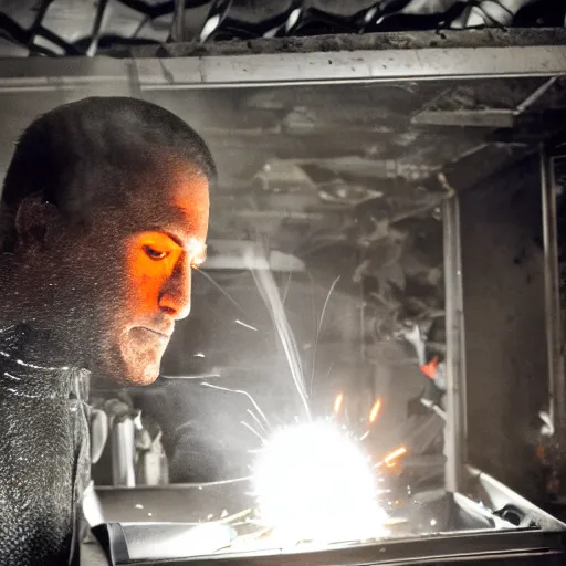 Image similar to cyborg toaster oven repairman, dark messy smoke - filled cluttered workshop, dark, dramatic lighting, orange tint, sparks, plasma rays, cinematic, highly detailed, sci - fi, futuristic, movie still, rule of thirds composition