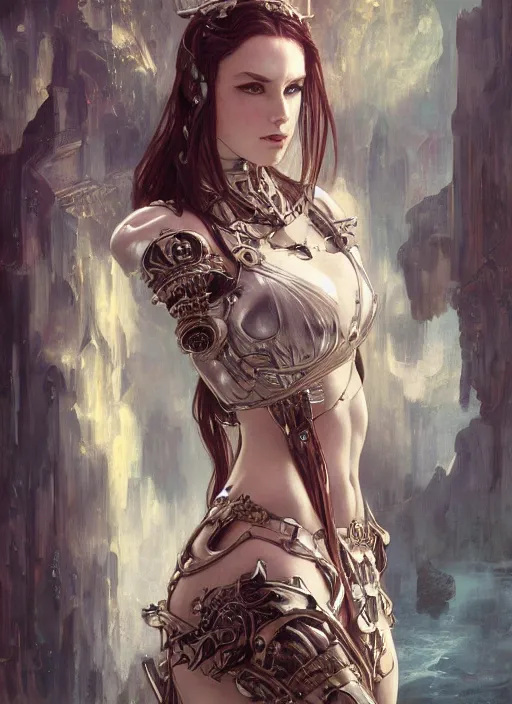 Image similar to portrait of beautiful pale gothic maiden in armor bikini, warhammer 40000, cyberpunk, intricate, elegant, highly detailed, digital painting, artstation, concept art, smooth, sharp focus, illustration, art by artgerm and greg rutkowski and alphonse mucha and Gustav Klimt
