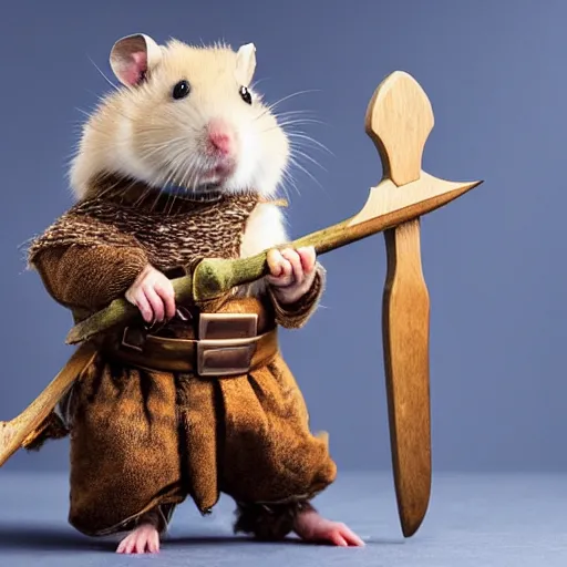 Image similar to a hamster in a viking costume with an axe and a helmet