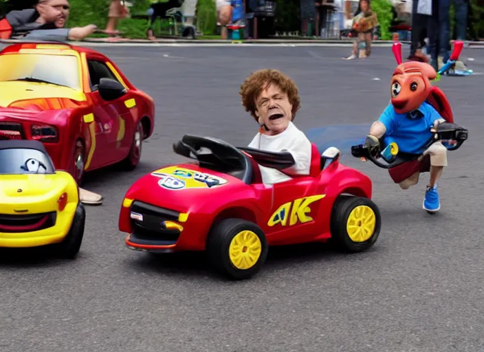 Prompt: peter dinklage racing emmanuel lewis driving a little tikes cars, movie still, from the new fast and furious movie, 8 k, realistic