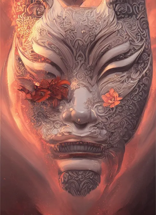 Image similar to a beautiful detailed oil on copper art illustration of a japanese kitsune hannya mask devil woman, centered, by charlie bowater, zeng fanzh, trending on artstation, dim dusk lighting, cinematic lighting, detailed lighting, volumetric lighting, realistic, f 8, 4 k hd wallpaper