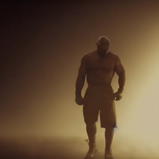 Image similar to a still of mike tyson, cinematic, 4 k, god rays through fog