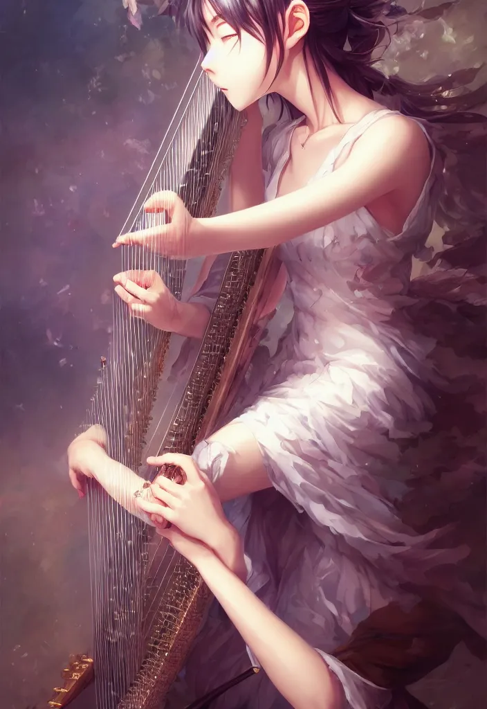 Image similar to anime girl playing highly detailed harp instrument by hyeyoung kim, stanley artgerm lau, wlop, rossdraws, james jean, andrei riabovitchev, marc simonetti, and sakimichan, full body portrait, intricate, face, elegant, beautiful, dramatic lighting, sharp focus, artstation