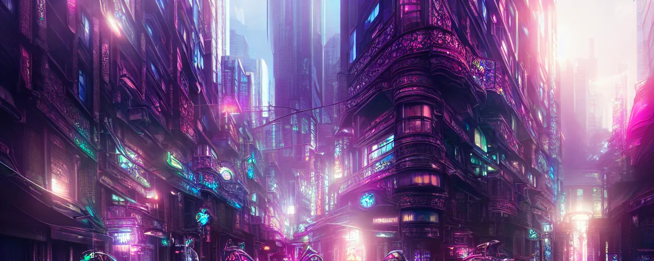 Image similar to hyperdetailed city streets metals and shiny iridescent gems, dark rainbow nimbus, inspired by ross tran and masamune shirow and kuvshinov, intricate, photorealistic, octane render, rtx, hdr, unreal engine, dnd digital art by artgerm