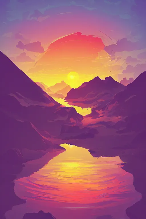 Image similar to sunrise mountain water vector illustration digital art by james gilleard trending on artstation